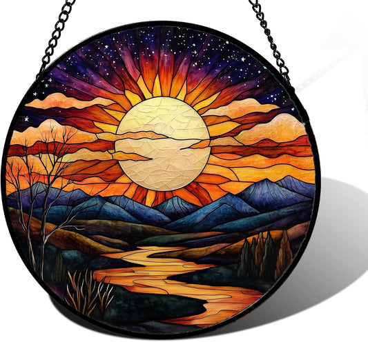 Stained Glass Window Hanging, The Sun Shines Brightly on Lake Sun Catchers Colorful Glass Panel Suncatcher Decor for Birthday for Women, Men, Wife, Lovers, and Mom 11.8x11.8 in