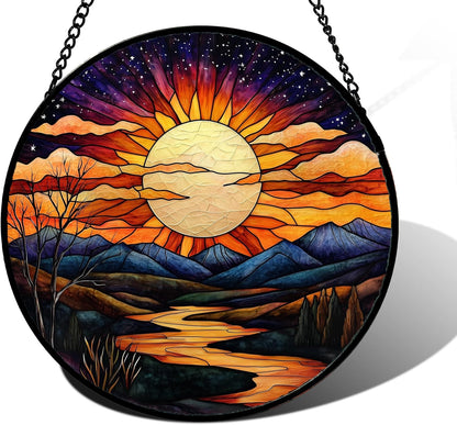 Stained Glass Window Hanging, The Sun Shines Brightly on Lake Sun Catchers Colorful Glass Panel Suncatcher Decor for Birthday for Women, Men, Wife, Lovers, and Mom 9.8 in
