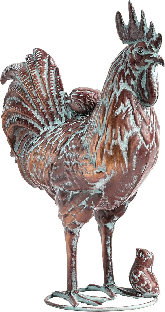 Metal Rooster w/ Chicks Statue Garden Yard Decor,15.7"L x 18.8"H Metal Chickens Yard Art, Vintage Outdoor Chicken Rooster Figurine for Backyard Patio Lawn Home Decoration, Gift for Chicken Lovers