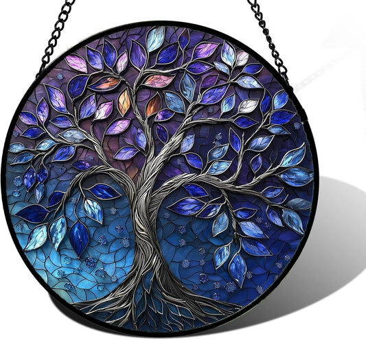 Stained Glass Window Hanging, Blue Purple Tree of Life Sun Catchers Colorful Glass Panel Plants Suncatcher Decor for Birthday for Women,Men,Wife, Lovers, and Mom 6.3 in