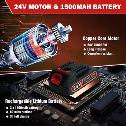 Cordless Hedge Trimmer & Grass Shears - 24V Electric Shrub Trimmer Grass Shears Handheld Grass Cutter, Hedge Shear with 2 PCS Rechargeable Battery, Charger and Toolbox to for Garden, Lawn, Red