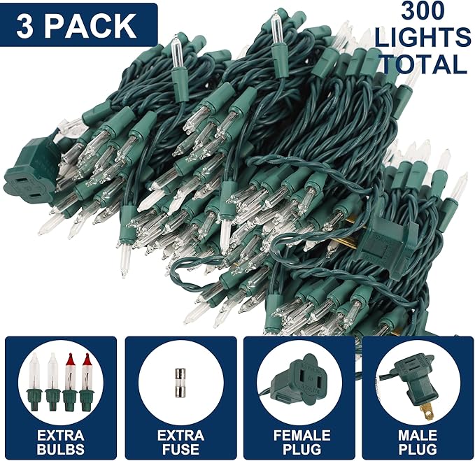 3 Pack Clear Christmas String Lights, 100 Count Each, Incandescent Mini Christmas Lights, Connectable Xmas Tree Light for Indoor Outdoor Garland Birthday Holiday Wedding Festival Party