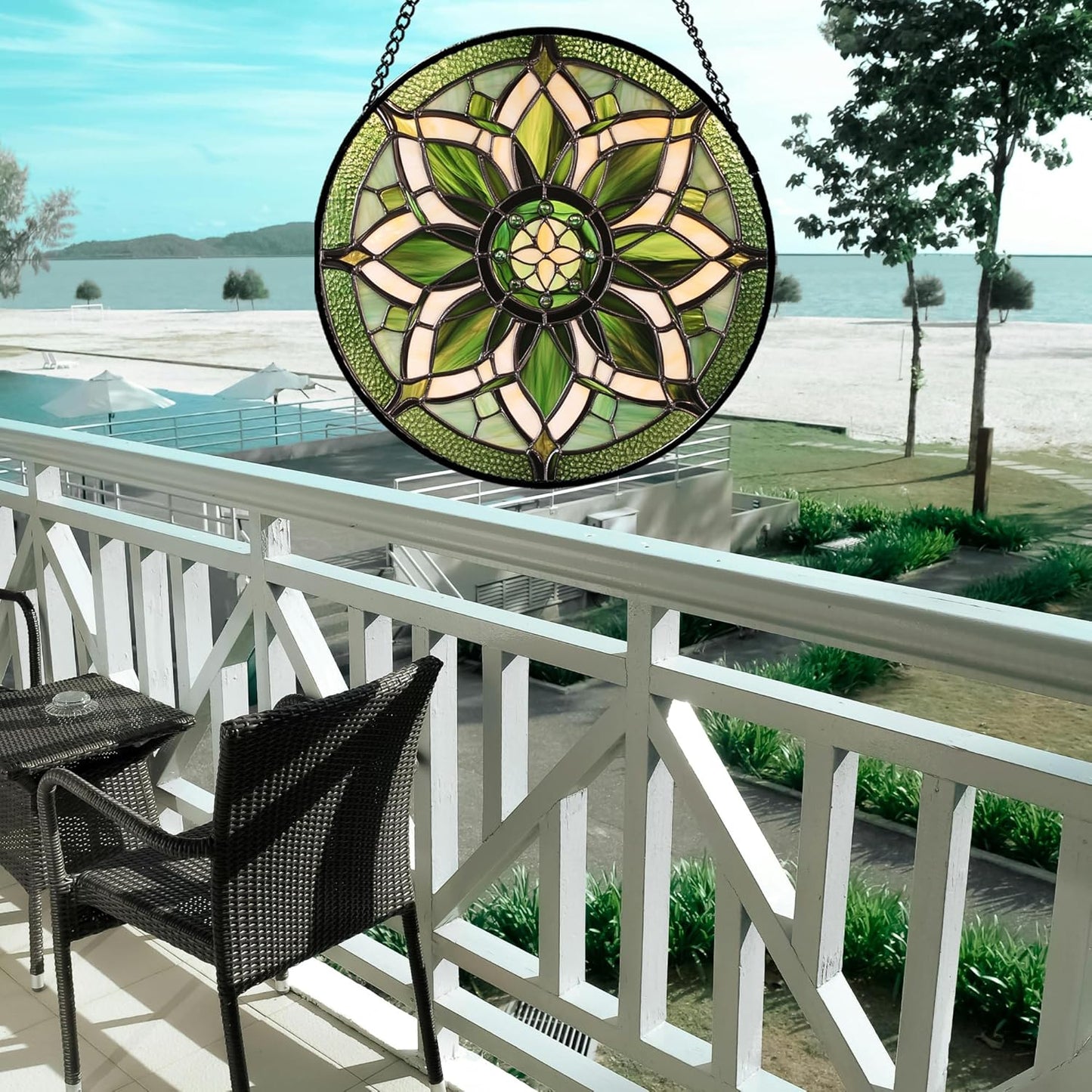 Stained Glass Window Hanging - White Green Boho Flower Suncatcher for Doors Window Home Sun Catchers Decor Christmas Mother's Day Birthday Gifts for Teacher Women Men Mom Nana 15 in