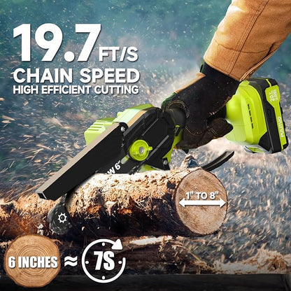 Mini Chainsaw Cordless, 6 Inch Electric Chain Saw Small Chainsaw Battery Powered, Yard Tools Garden Gifts for Men Dad Husband, Hand Saw for Branches Wood Cutting Pruning (Green)