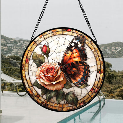 Stained Glass Window Hanging, Butterfly Picking Flowers Suncatcher for Doors Home Sun Catchers Decoration and Christmas, Mother's Day Birthday Gifts for Women, Men, and Mom 14.9x14.9 in