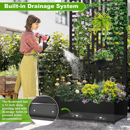 Metal Planter Box with Trellis, 72"x35"x16" Metal Raised Garden Bed with Trellis, Planter Box with Drainage Holes & Lockable Casters for Climbing Plants, Vegetables, and Vines