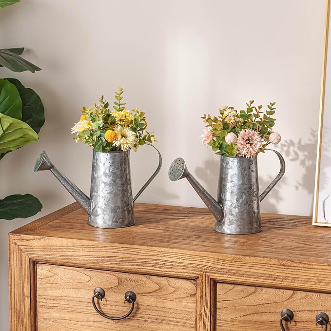 MyGift 5 Inch Small Rustic Galvanized Metal Decorative Vases in Vintage Style Watering Can Design for Dried Flowers and Artificial Plants, Set of 2 - Handcrafted in India