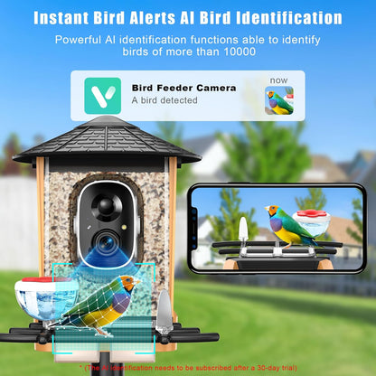 Smart Bird Feeder with Camera with AI Identify Birds Species & Solar Panel, WiFi Birdfeeder with Cam, 2K Live View, Chew-Proof & Waterproof Design, Real-Time App Alerts, Gift for Bird Lovers, Black