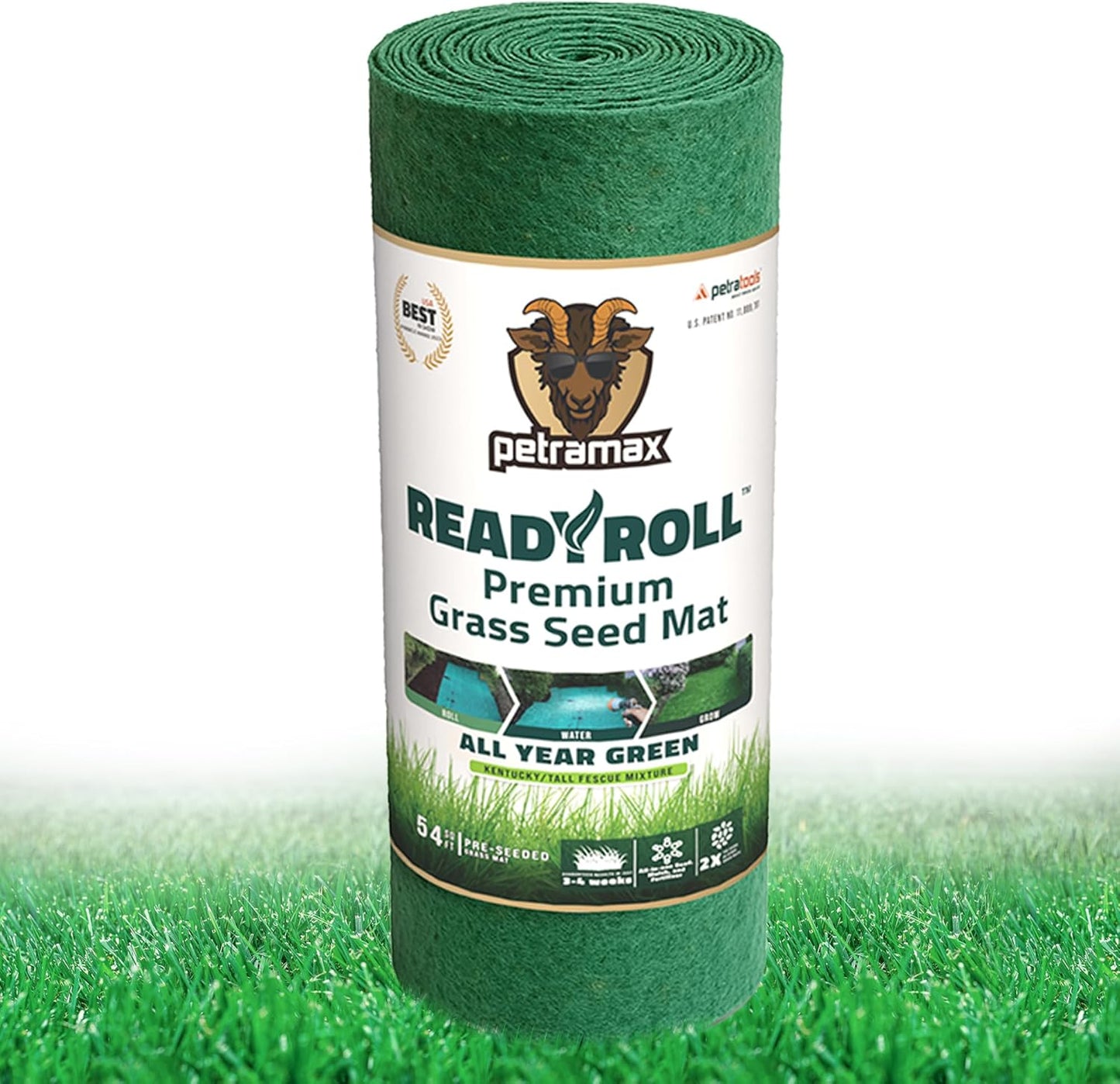 Petramax ReadyRoll Biodegradable Grass Seed Mat for Lawn (54 ft.) - All Year Green 3-in-1 Tall Fescue & Kentucky Grass Seed Rolls w/Mulch & Fertilizer - Lawn Repair Patch - Just Roll, Water, Grow