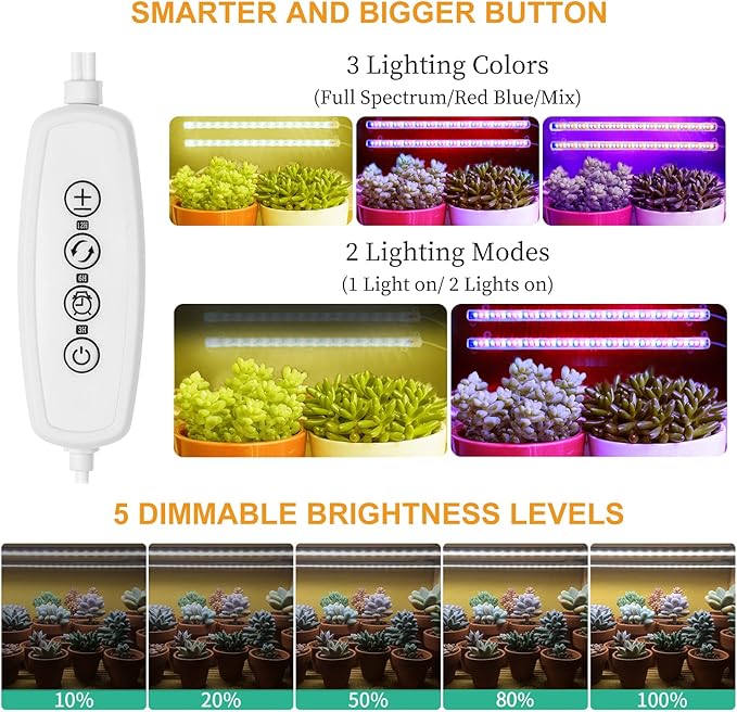 Grow Lights for Indoor Plants Full Spectrum, Grow Light Strips with Auto Timer 3/6/12 H, Plant Lights with Red Blue White LEDs, 3 Lighting Modes,5 Dimmable Levels, 2 Packs,Updated Controller