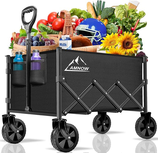 Collapsible Folding Wagon Cart, 350LBS Utility Large Capacity Cart Foldable Wagon with All Terrain Wheels, Grocery Wagons Carts for Garden Shopping Sports Camping, Black
