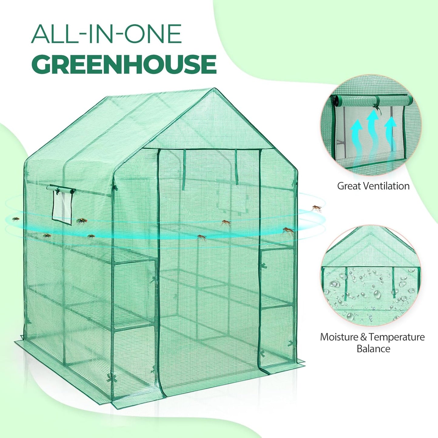 EAGLE PEAK Walk in 3-Tier Greenhouse with Wire Shelves, Portable Indoor and Outdoor Green House with Roll-Up Zippered Door & 2 Roll Up Windows, 8 Shelves, 56"x56"x77", Clear/Green PE Cover