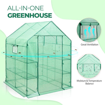 EAGLE PEAK Walk in 3-Tier Greenhouse with Wire Shelves, Portable Indoor and Outdoor Green House with Roll-Up Zippered Door & 2 Roll Up Windows, 8 Shelves, 56"x56"x77", Clear/Green PE Cover