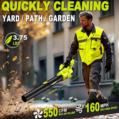 Cordless Leaf Blower, 550CFM (160MPH) Brushless Turbo Blower, 24V High Power Battery Powered Leaf Blowers with 2x4.0Ah Battery & Charger, Electric Blowers Variable Speeds for Lawn&Garden
