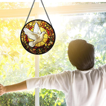 Stained Glass Window Hanging, Flying White Dove Sun Catchers Diamond Glass Panel Hangings Cute Birds Suncatcher Decor for Birthday for Women, Men, Wife, Aunt, and Mom 11.8 in