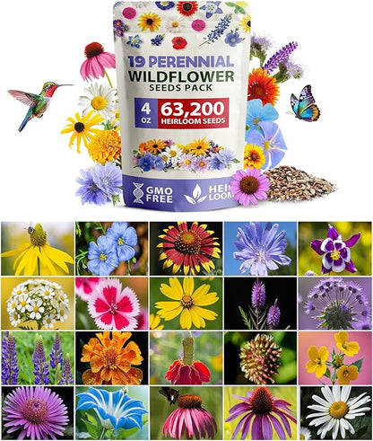 HOME GROWN 𝗨𝗦𝗔 𝗣𝗥𝗘𝗠𝗜𝗨𝗠 Wildflower Seeds Bulk 4 oz 63,200+ Seeds 19 Varieties Non-GMO Perennial Mix, Butterfly & Pollinator Flower Seeds, Attract Bees, Birds & Hummingbirds, Outdoor Planting