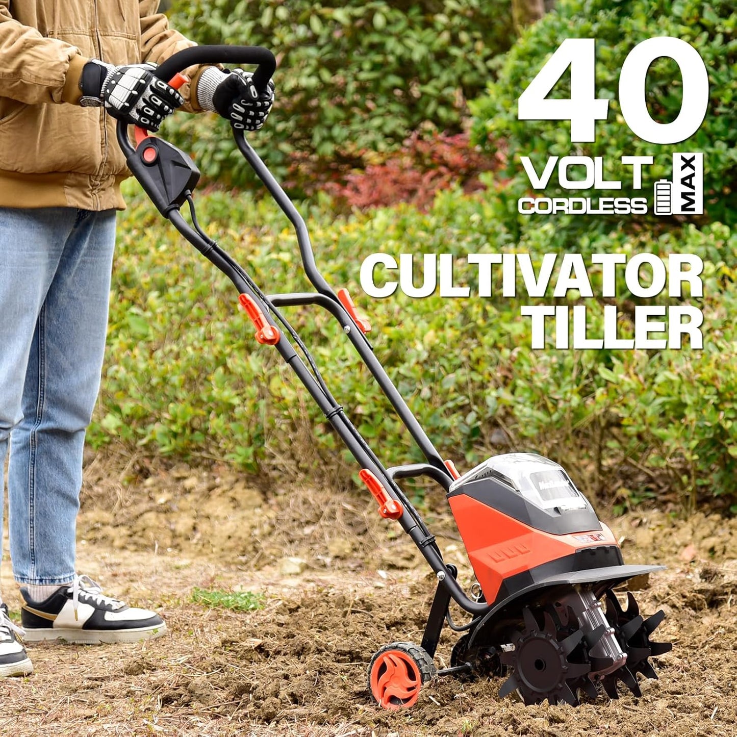 MAXLANDER Cordless Tiller Cultivator, 40V 12-Inch Brushless Battery Powered Garden Tiller with 4 Steel Tines, Powerful 280 RMP Rototiller, 2x4.0Ah Battery and Charger Included
