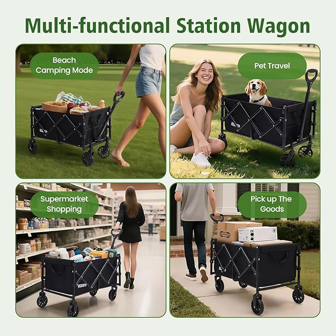 Collapsible Heavy-Duty Wagon Cart with PVC Wheels, Portable Folding Outdoor Utility Wagon for Sports, Garden, Grocery Shopping,Camping, Transportation,Hauling (120L)