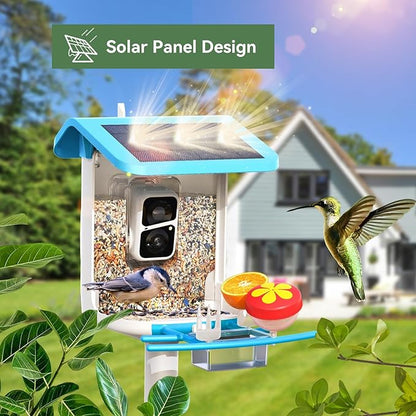Smart Bird Feeder with Camera, Solar Bird Feeder - 2K HD Live Video Camera AI Identify Birds, Visible Window Auto Capture -Instant Arrival Alerts, Birds Lover Gifts (Blue)