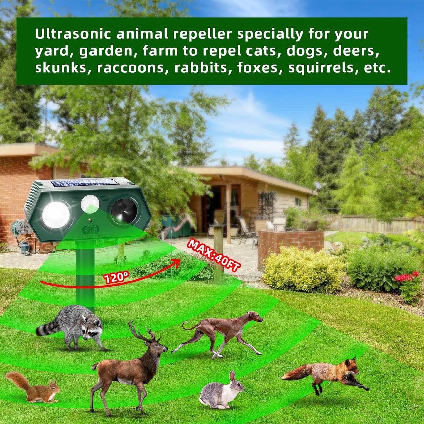 Solar Ultrasonic Animal Repellent Outdoor, Deer Repellent Devices, Waterproof Cat Rabbit Repeller with Motion Detection Flash Light to Deterrent Squirrel Dog Skunk Raccoon for Garden Yard Farm(3Pack)
