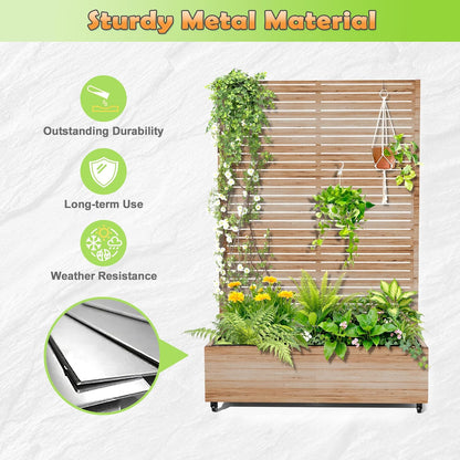 Metal Raised Garden Bed with Trellis, 2-in-1 Planter Box & Privacy Screen for Climbing Plants, Outdoor Standing Flower Bed with Drainage Holes, 47.2" L x 16.7" W x 70.8" H, Acacia Wood Grain