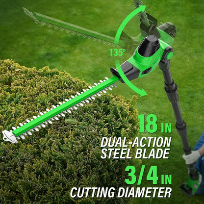 SOYUS Pole Hedge Trimmer Cordless, 18-inch Electric Hedge Trimmer with Extension Pole, 15-Foot Max Reach, Multi-Angle, 2.0Ah Battery and Charger Included