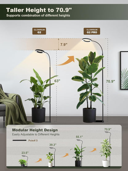 GLOWRIUM 24W LED Grow Light for Indoor Plants, 23.5-71" Adjustable Height, 3-Growing Full Spectrum for Tall Grow Light, High PPFD, 3/9/12/16H Timer, 6-Level Dimming, Ideal for Large Tall Plants