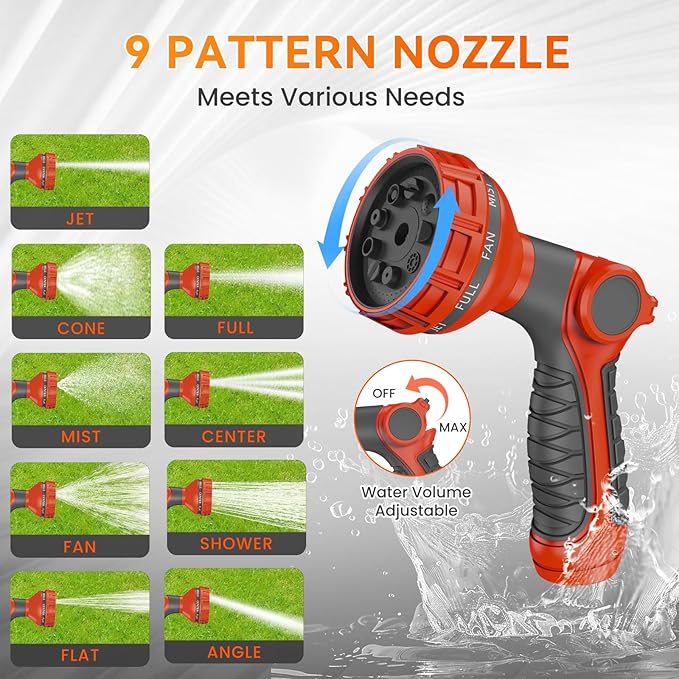 NEOTEC Retractable Garden Hose Reel 1/2 inch x 100ft - Wall Mounted Heavy Duty Hose Reel with 3/4 Inch Brass Fittings & 9-Pattern Nozzle - Auto Rewind System, Any Length Lock, 180° Swivel Bracket