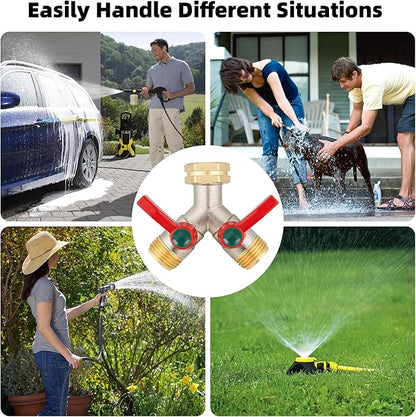 Garden Hose Splitter High Flow, 3/4”GHT Inlet Brass Heavy Duty Full Flow Hose Splitter 2-Way, Hose Y-Valve Faucet Splitter, Runner and Large Outlet with Extended Handle.