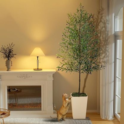 Olive Trees Artificial Indoor 8ft, 2 PCS Tall Faux Silk Plant with Pot, Realistic Leaves and Natural Wood Trunk Fake Trees with Lifelike Fruits for Home Office Decor Bedroom Livingroom Entryway