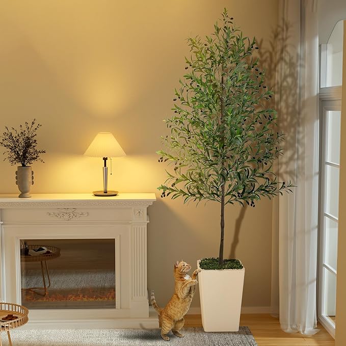 Olive Trees Artificial Indoor 8ft, Tall Faux Silk Plant with Pot, Realistic Leaves and Natural Wood Trunk Fake Trees with Lifelike Fruits for Home Office Decor Bedroom Livingroom Entryway Housewarming