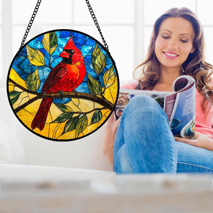 Stained Glass Window Hanging, Blue Sky Cardinal Sun Catchers Colorful Glass Panel Red Birds Suncatcher Decor for Birthday for Women, Men, Wife, Aunt, and Mom 14.9x14.9 in