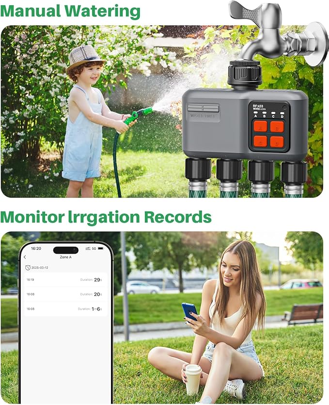 WiFi Sprinkler Timer 4 Zone with 984 Feet RF Gateway, 4 Outlet Smart Water Timer for Garden Hose with Rain Delay/Manual/Automatic,WiFi Water Hose Timers for Garden & Lawns