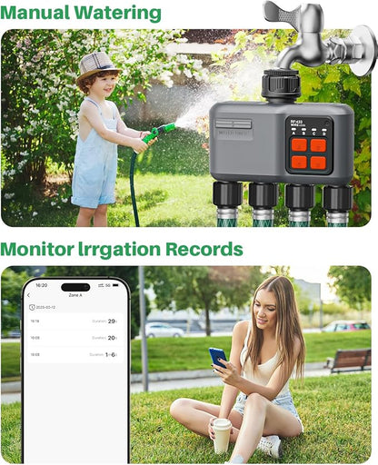 WiFi Sprinkler Timer 4 Zone with 984 Feet RF Gateway, 4 Outlet Smart Water Timer for Garden Hose with Rain Delay/Manual/Automatic,WiFi Water Hose Timers for Garden & Lawns