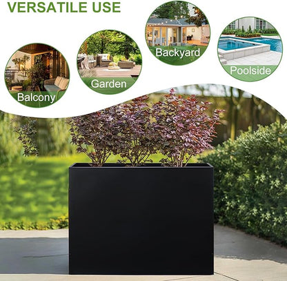 Metal Rectangular Planter Box Tall Planters for Outdoor Plants Modern Heavy Duty with Drainage Holes for Outside Indoor Patio Deck - Black, 32”x 12”x 24”