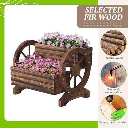 Wooden Flower Cart with Wheels Wooden Wagon Planter Outdoor Garden Planter, Decor Planter for Patio Balcony Decoration Succulent Flower Pot Flower Cart for Indoor Backyard Balcon Décor