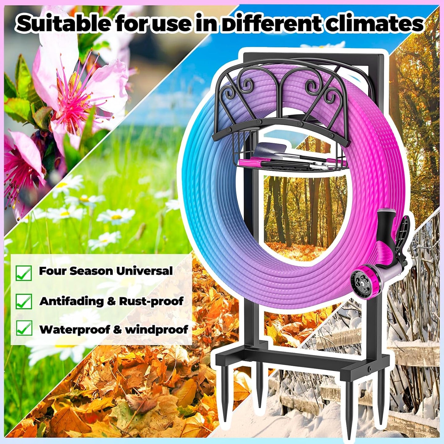 Garden Hose Holder, 4 Spikes Freestanding Water Hose Holder Reels, Heavy Duty Detachable Hose Stand with Storage Basket for Outside Yard Lawn (A-4 Spikes)