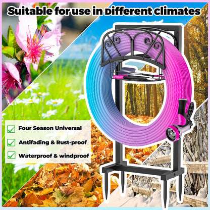 Garden Hose Holder, 4 Spikes Freestanding Water Hose Holder Reels, Heavy Duty Detachable Hose Stand with Storage Basket for Outside Yard Lawn (A-4 Spikes)