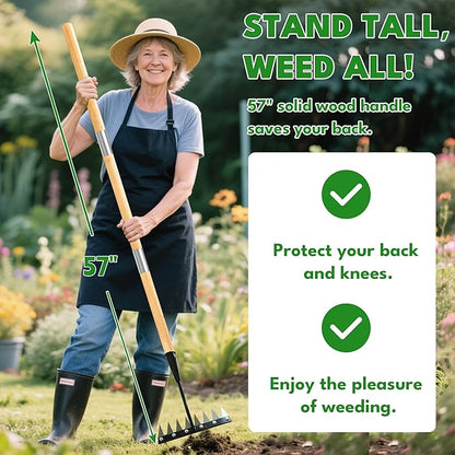 Iron Weeding Rake with Handle 2.0, 2025 Upgraded 8 Teeths Garden Weed Puller Tool Heavy Duty Gardening Tool for Lawn, Flower Beds & Soil Aeration