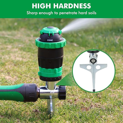 RESTMO Gear Drive Sprinkler with Metal Spike Base, 5-Pattern Heavy Duty Gardening Watering System, Multi-Adjustable Lawn Sprinkle for Garden Plant, Flower Bed and Large Yard Area Watering, Green