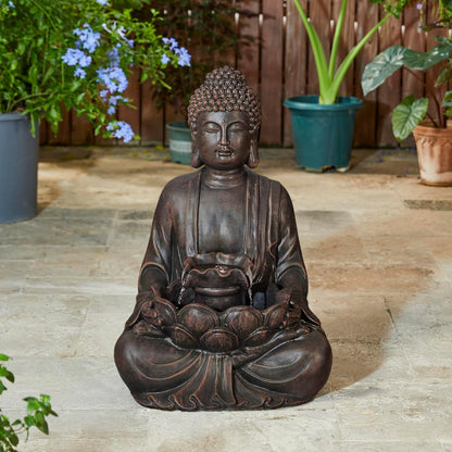 Glitzhome Buddha Fountain with Pump & LED Light, 2 Tier Zen Style Meditating Buddha Water Fountain Outdoor Fountains and Waterfalls Outdoor Buddha Statues for Garden Patio Backyard 28" H