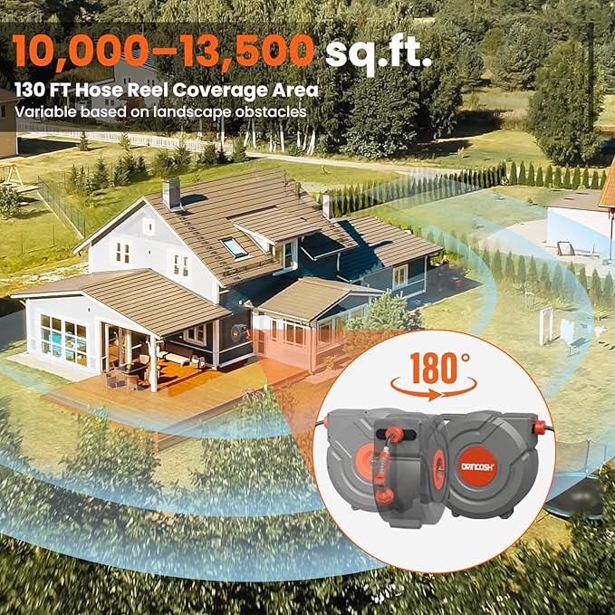 Upgraded Retractable Garden Hose Reels 130 ft X 1/2" PRO Metal Bracket 180° Swivel Any Length Lock Heavy Duty Water Hose Reels Wall Mount 9 Pattern Nozzle Garden Watering