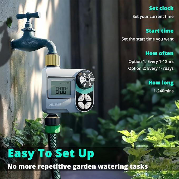 [2 Pack] QUOBAS Digital Water Timer, Programmable Sprinkler Controller, Large LCD Display, Auto/Manual/Delay Modes, for Garden Hose Watering and Drip Irrigation System