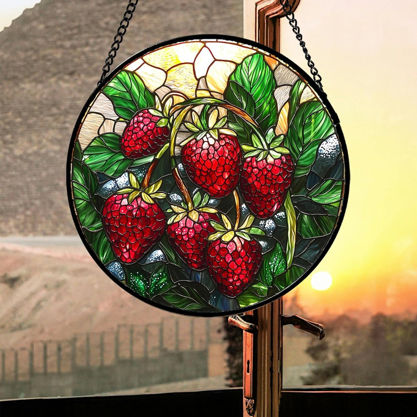 Stained Glass Suncatcher, Red Strawberry Green Leaf Sun Catcher Silver Background Stain Glass Window Hanging Decoration Mother's Day Birthday Gifts for Women Men Mom Nana 15 in