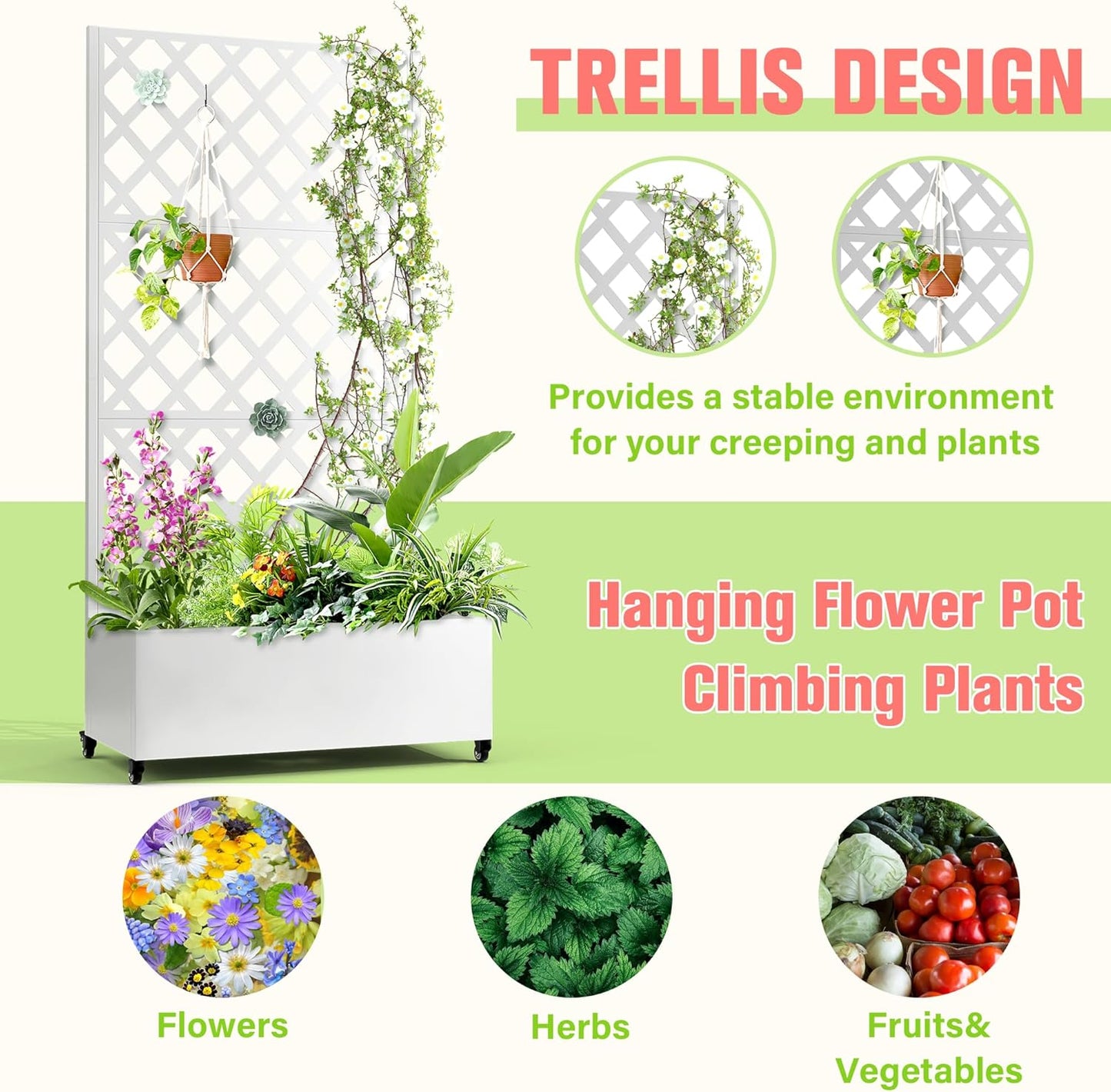 Metal Planter Box with Trellis, Raised Garder Bed with Drainage Hole, Privacy Screen & Trellis for Climbing Plants, Outdoor Plant Stands, 35''L×17''W×73''H, White