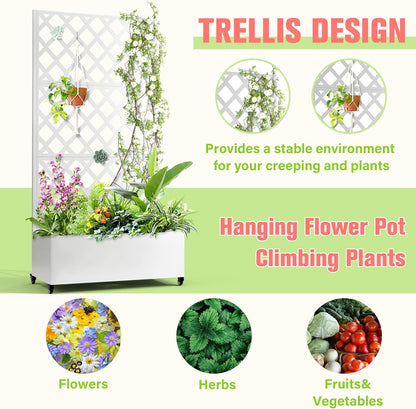 Metal Planter Box with Trellis, Raised Garder Bed with Drainage Hole, Privacy Screen & Trellis for Climbing Plants, Outdoor Plant Stands, 35''L×17''W×73''H, White