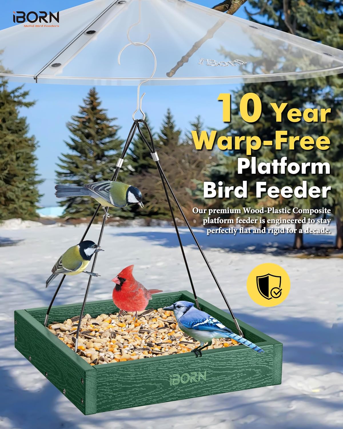 iBorn Platform Bird Feeder Tray Bird Feeders for Outdoors 10.6"x10.6" Platform Feeder with Large Capacity 3 LBS, Recycled Plastic & Cedar Look, Waterproof, Green