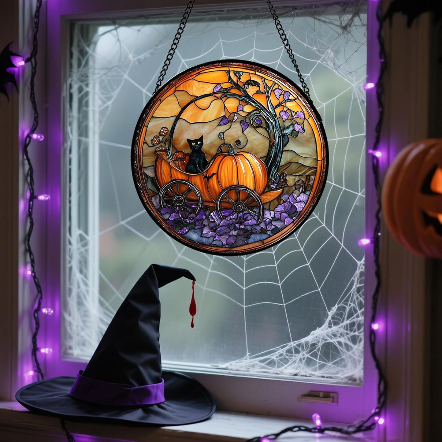 Stained Glass Window Hanging - Halloween Pumpkin Carriage Black Cat Suncatcher for Doors Window Garden Spooky Sun Catchers Gothic Decor Horror Gifts for Women Men Friend Boy Girl 11.8 in