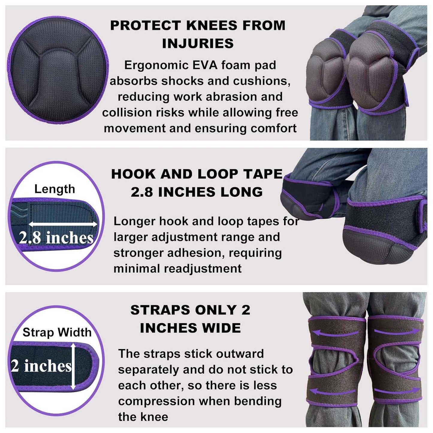 Gardening Knee Pads for Men/Woman, Adjustable Knee Pad for Washing Floors Cleaning House Kitchen, Comfortable Foam Knee Protector for Kneeling on Hard Floor, Soft Working Kneepads for Adult, Purple L (1 Pair)