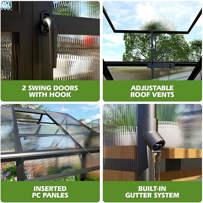 AMERLIFE 10x18x8.4 FT Polycarbonate Greenhouse with 4 Roof Vents & Rain Gutter, Heavy Duty Aluminum Greenhouse for Outdoor Garden Backyard, Black